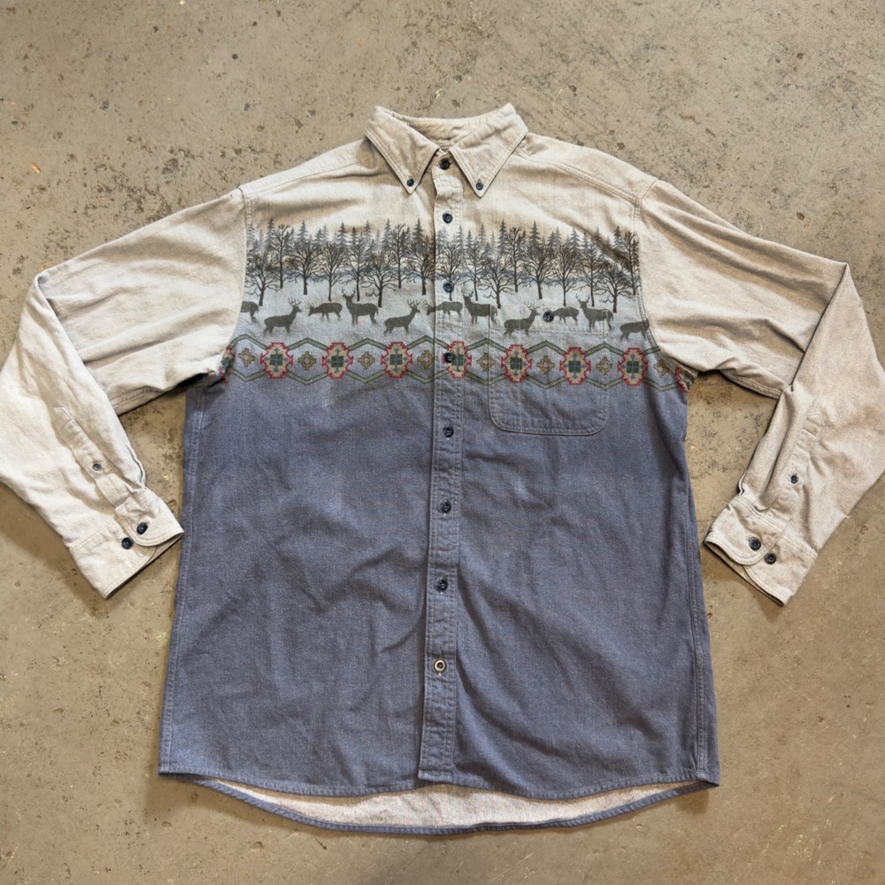 Cabelas Deerskin Soft Chamois Shirt Mens Large Tall Gray Blue Scenic Deer
